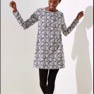 LOFT Shift Dress A Line Long Sleeve Gray White Jacquard Small Petite
